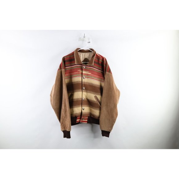 Vintage 90s Mens XL Hand Made Navajo Blanket Suede Leather Bomber Jacket USA
